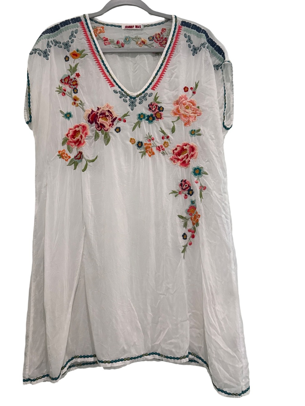 Johnny Was M White Floral Embroidered Cupra Tunic Dress Boho V Neck Short Sleeve